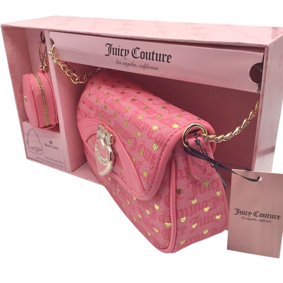 NIB Juicy Couture Pink Heart Mini Shoulder Bag + Heart Coin Purse Set Y2K - Picture 8 of 16